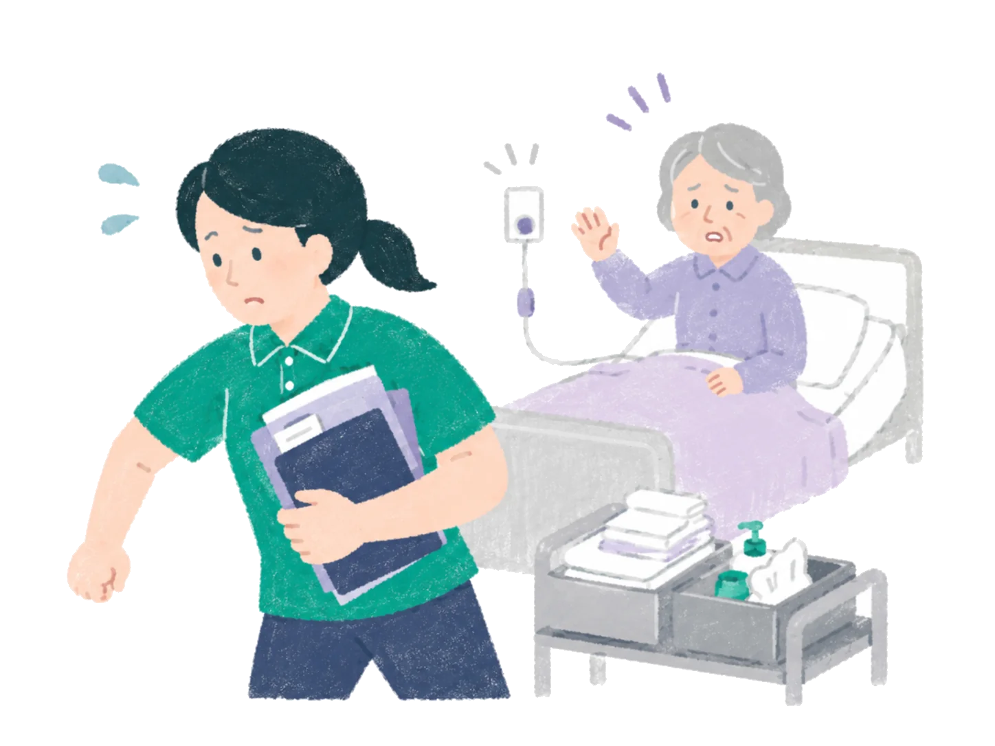 記録に追われ利用者の呼びかけに応えられない福祉職員のイラスト